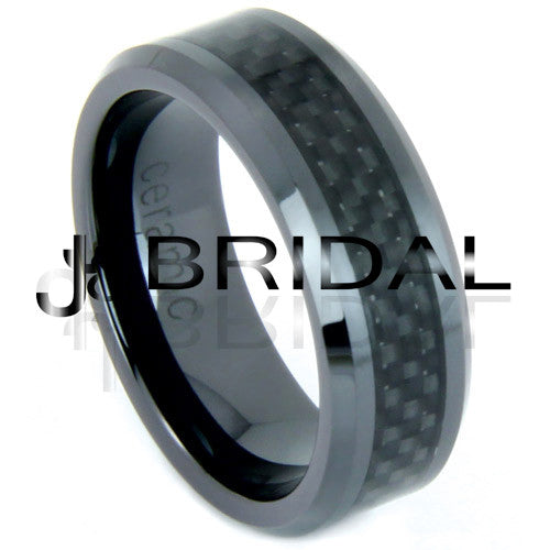 WILD GIRAFFE Men's Black Ceramic Wedding Band with Carbon Fiber Inlay and Beveled Edges