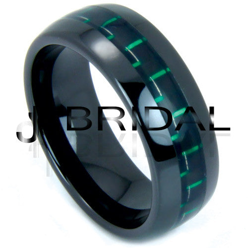 WILD GIRAFFE Men's Black Ceramic Wedding Band with Green Carbon Fiber Inlay