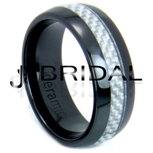 WILD GIRAFFE Men's Black Ceramic Wedding Band with Grey Carbon Fiber Inlay