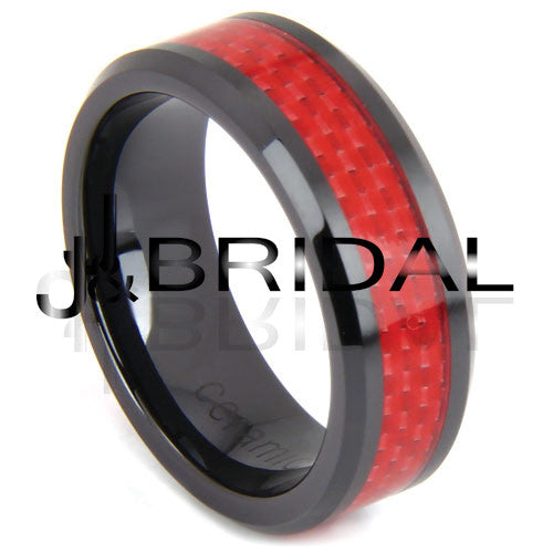 WILD GIRAFFE Men's Black Ceramic Ring with Red Carbon Fiber Inlay and Beveled Edge