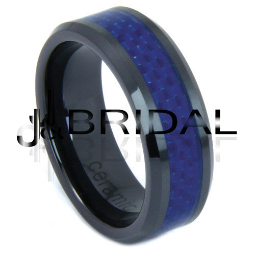 WILD GIRAFFE Men's Black Ceramic Wedding Band with Blue Carbon Fiber Inlay and Beveled Edge