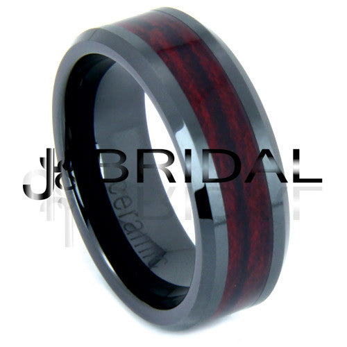 WILD GIRAFFE Men's Black Ceramic Wedding Band with Koa Wood Inlay and Beveled Edges
