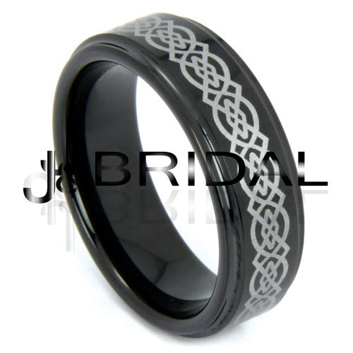 WILD GIRAFFE Men's Black Tungsten Carbide Wedding Band Ring with Intricate Celtic Knot Design