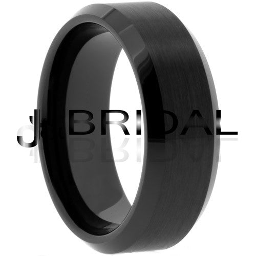 WILD GIRAFFE Men's Black Ceramic Wedding Band with Brushed Center and Polished Beveled Edges