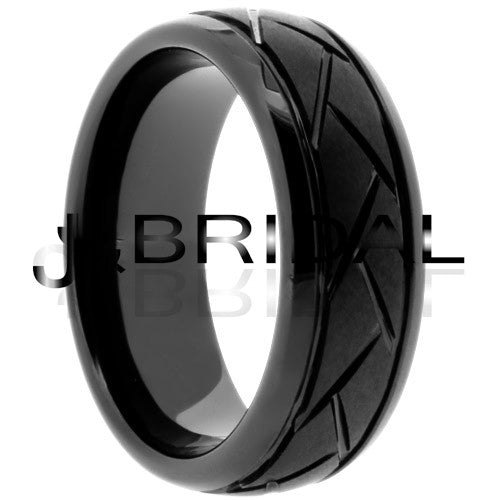 WILD GIRAFFE Men's Black Ceramic Wedding Band with Tire Tread Pattern