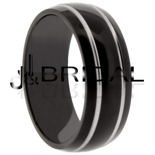 WILD GIRAFFE Men's Black Titanium Wedding Band with Grey Grooved Stripes and Polished Finish