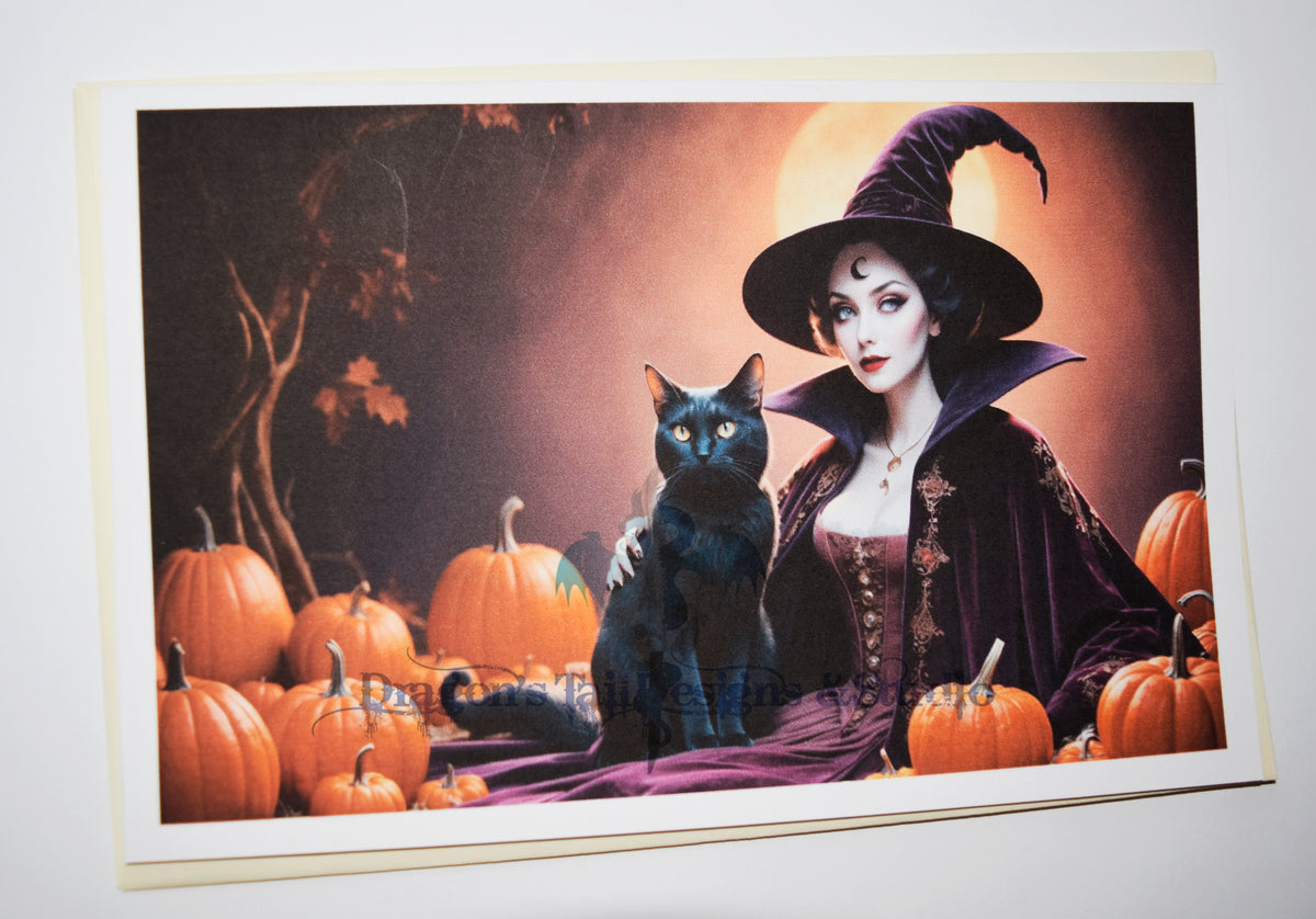 Witch & black cat, Handcrafted All Occasion Greeting Card, blank inside.