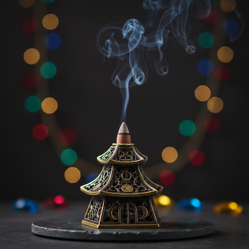 Decorative incense burner with smoke against a dark background with colorful lights