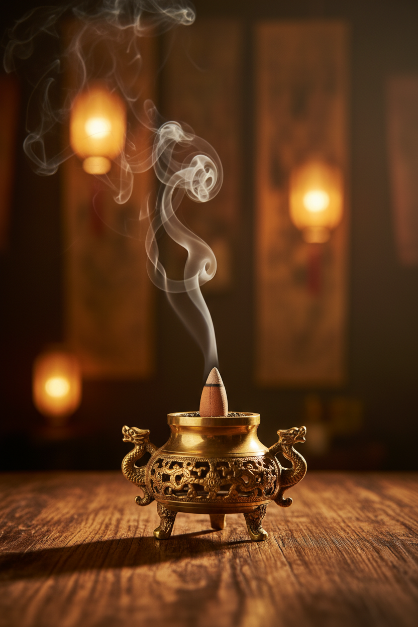 Incense cone burning in a gold holder with smoke rising against a warm-toned background.