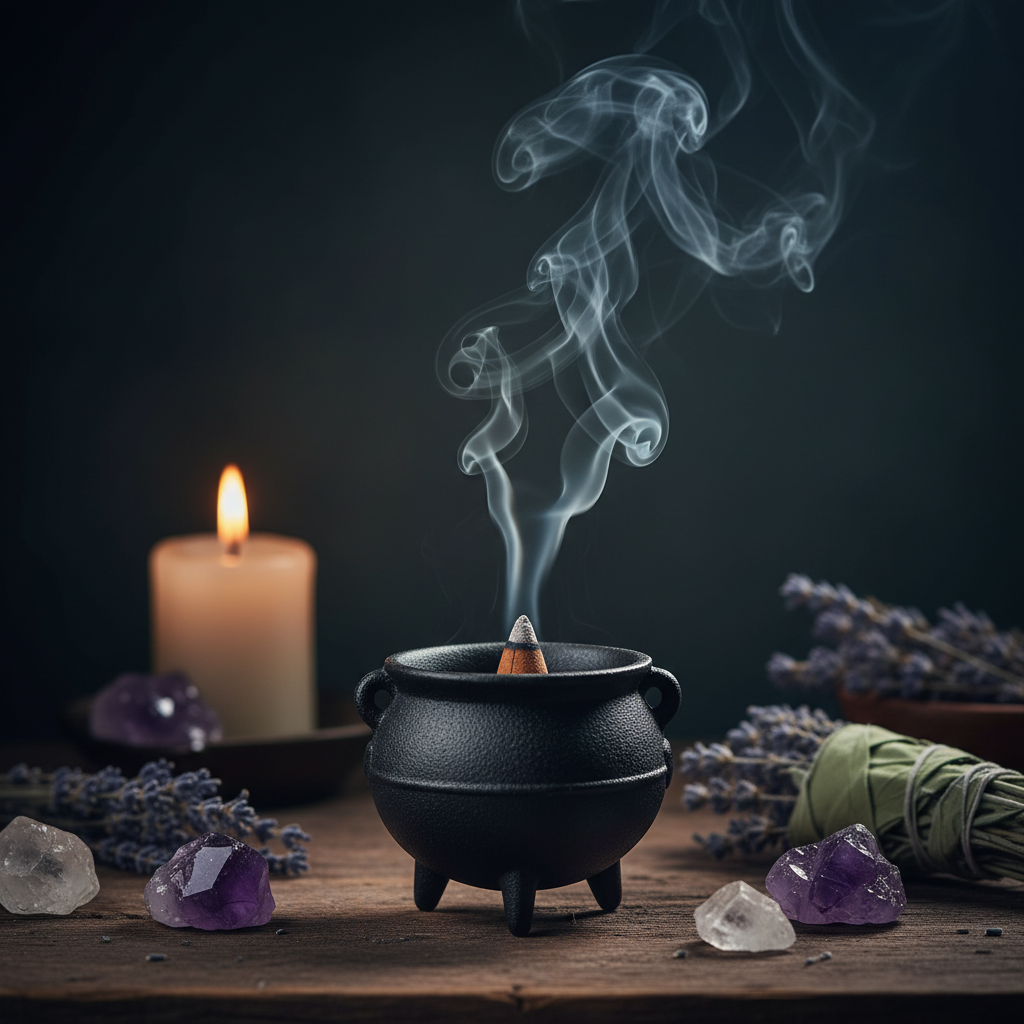 Incense burner with smoke, candle, and crystals on a wooden surface