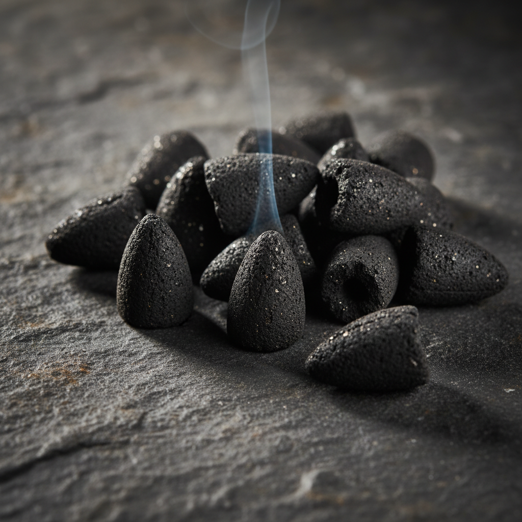 Black incense cones with smoke on a dark stone surface