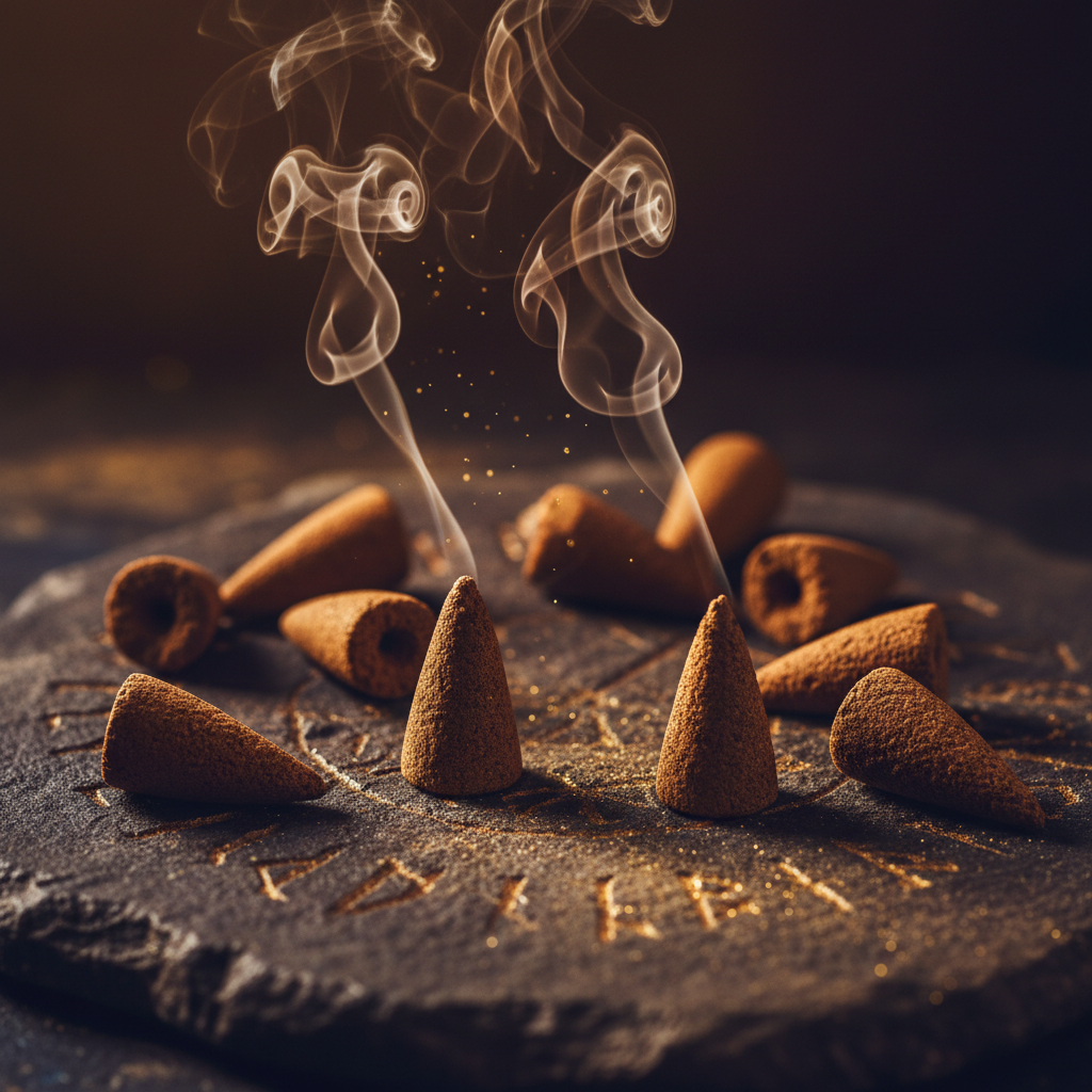 Incense cones with smoke on a  stone or steel plate