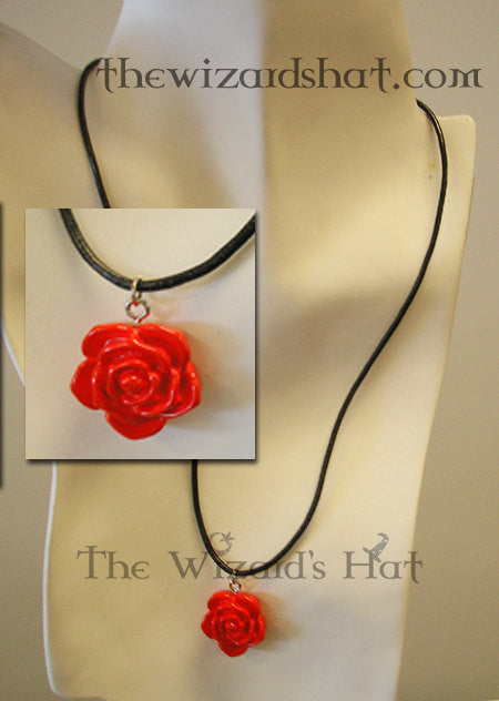 Handcrafted 3D Red Rose Lucite Charm Pendant Necklace on Genuine Leather Cord