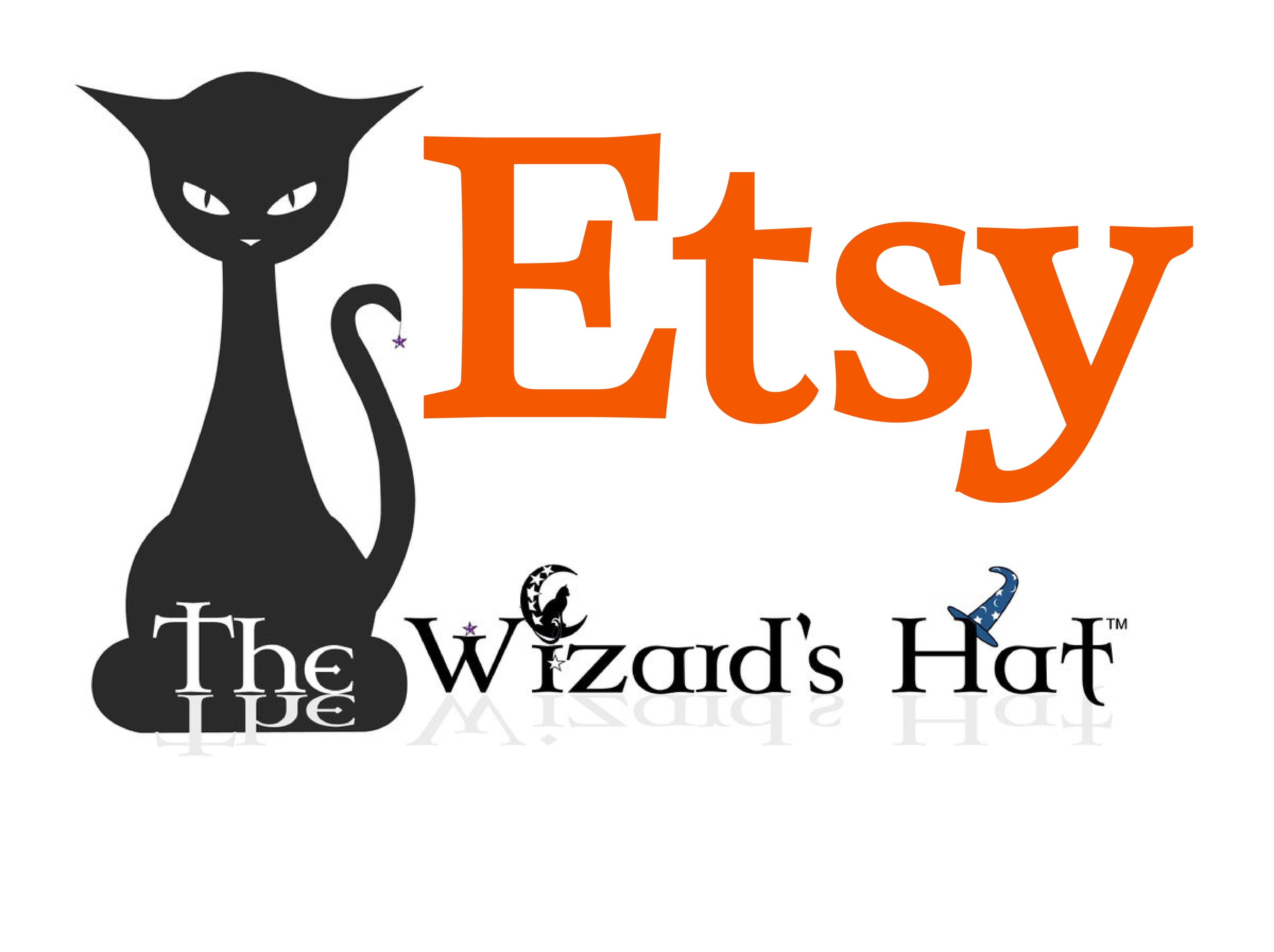 Etsy logo with a black cat silhouette and 'The Wizard's Hat' branding on a white background